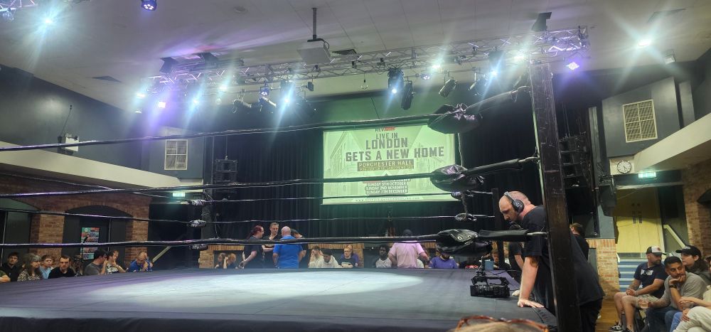 The view from second row, opposite the hard camera at the 229, moments before the final pro wrestling event in the venue. Revolution Pro Wrestling's "Live in London" series will move to Porchester Hall in Paddington, starting in September 2025.