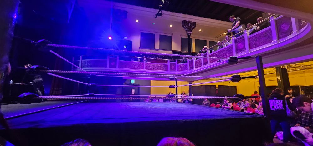 The set up of the Y Theatre in Leicester for Wrestling Resurgence. Just to the left of the shot is a pillar, supporting the balcony, that obscures the view of the stage and wrestlers entrance. 