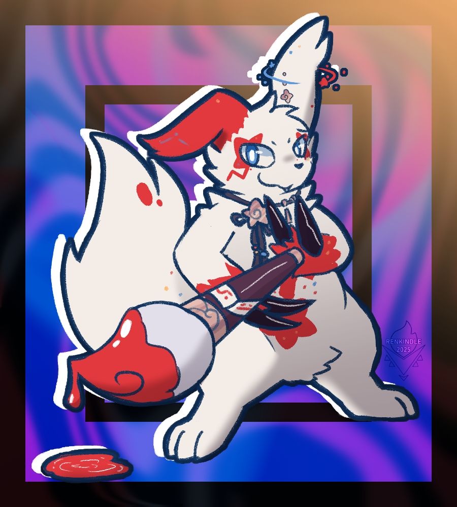 An illustration of Asuka (he/him), a star-themed Zangoose, wielding a paintbrush in a sorta combat stance.