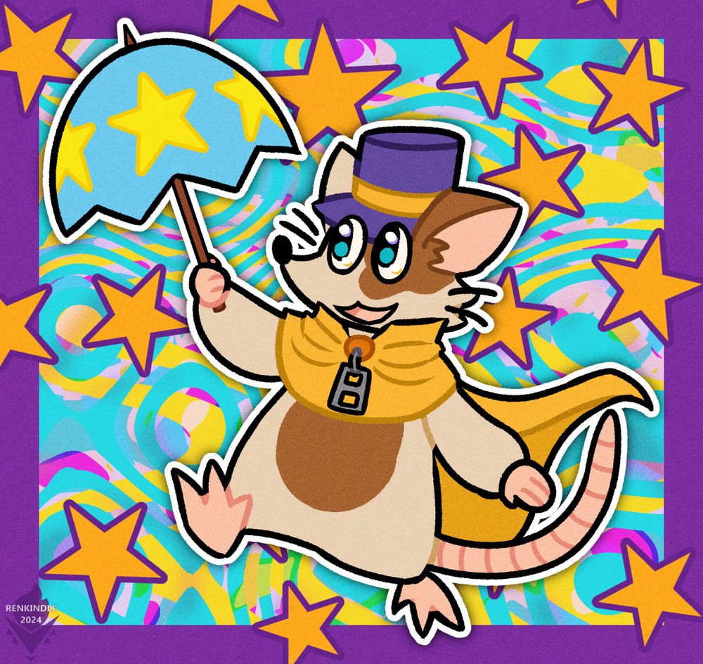 An illustration of Rat Kid (she/her), who is an alternate universe version of Hat Kid from A Hat in Time but stylized as one of the rats from Mad Rat Dead.