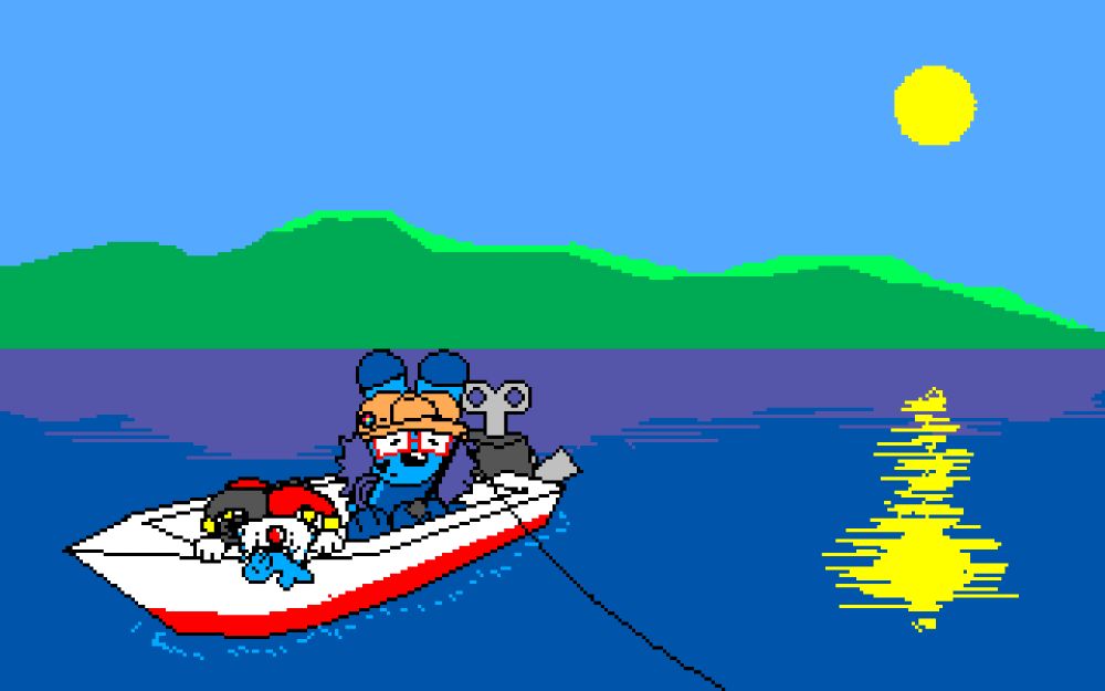 drawing of Juno's snail sona, Googles(or Neffi) and my jester sona in a boat out on the water, fishing.