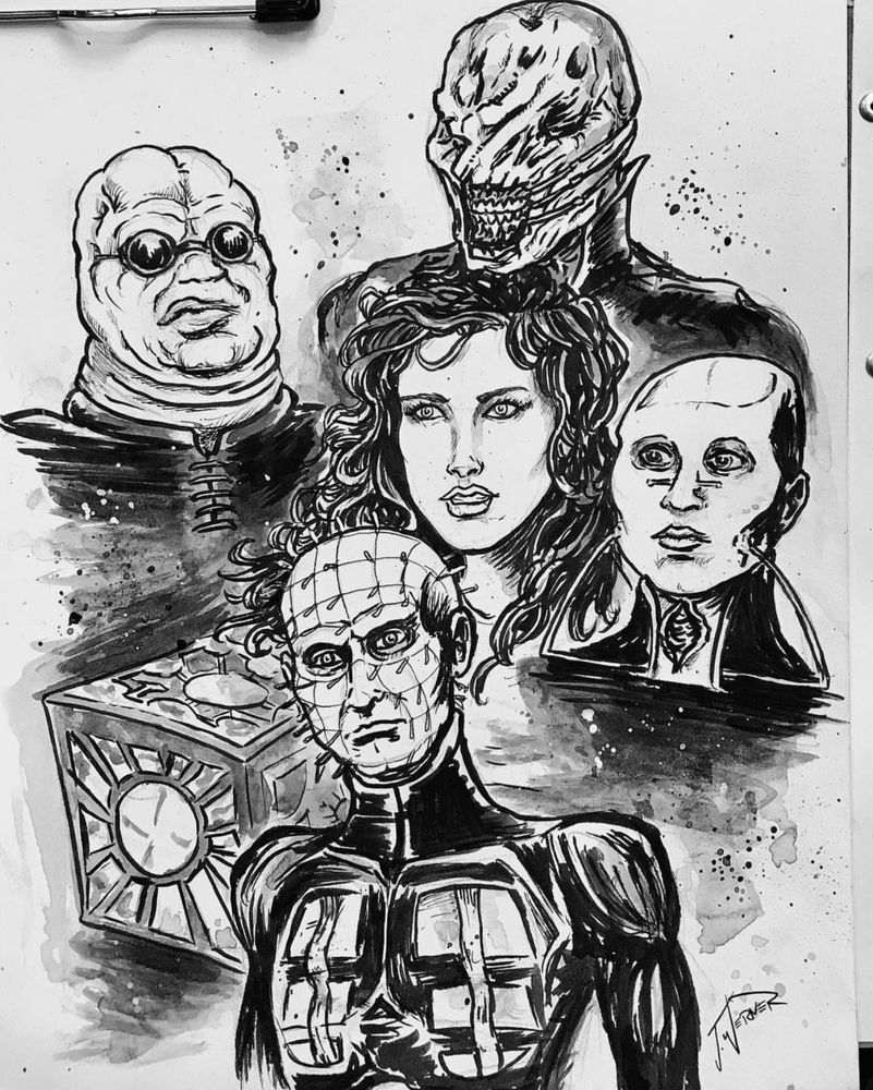 Hellraiser ink wash sketch by Joshua Werner featuring Kirsty and the cenobites