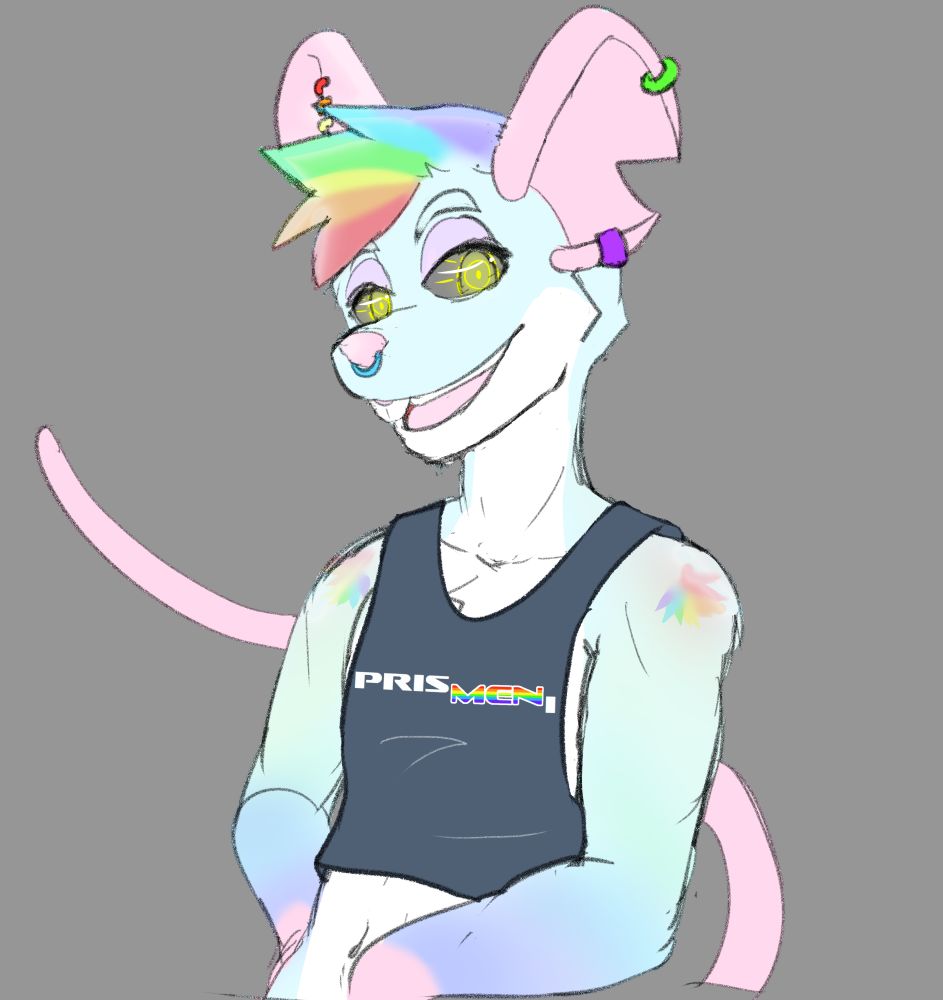 A very gay looking rainbow furred rat with metallic eyes wearing a "PrisMENi" croptop.
