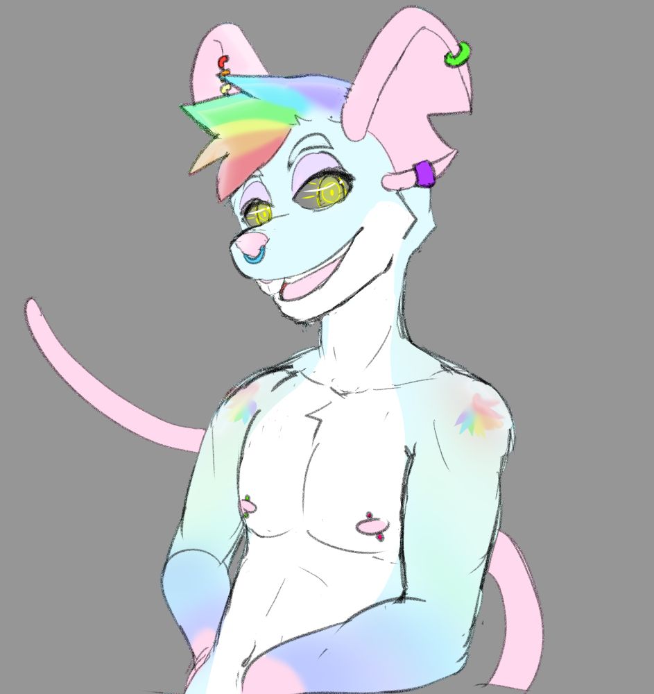 A very gay looking rainbow furred rat with metallic eyes/