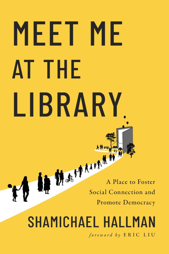 the cover of the book Meet Me at the Library. It is mostly yellow, and shows shadow-like black figures walking along a path that leads toward a book that is open, like a door