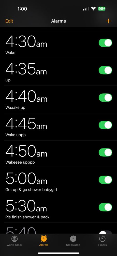 A screenshot of so many alarms

4:30 AM - Wake
4:35 AM - Up
4:40 AM - Waaake up
4:45 AM - Wake uppp
4:50 AM - Wakeeee upppp
5:00 AM - Get up & shower babygirl
5:30 AM - Pls finish shower & pack

The current time in the top left of the phone reads 1:00 AM