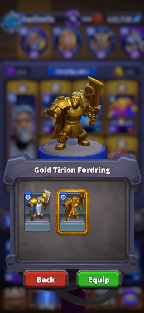 Warcraft Rumble screenshot showing the Gold Tirion Fordring skin, which is a reward for beating heroic Siege of Stormwind.