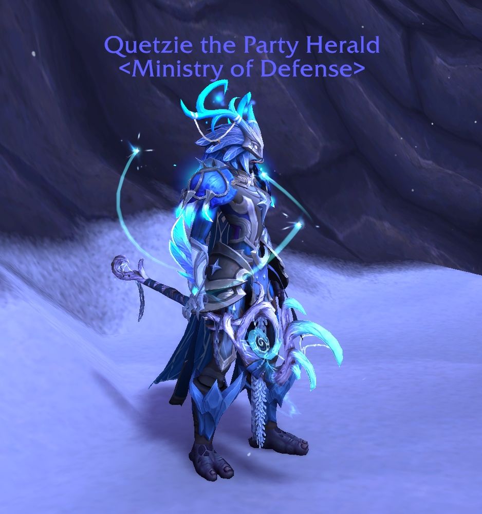 Screenshot of a zandalari troll druid wearing icy blue armor with feathers, moons, and stars, showing off a matching staff with feathers and glowing plants.