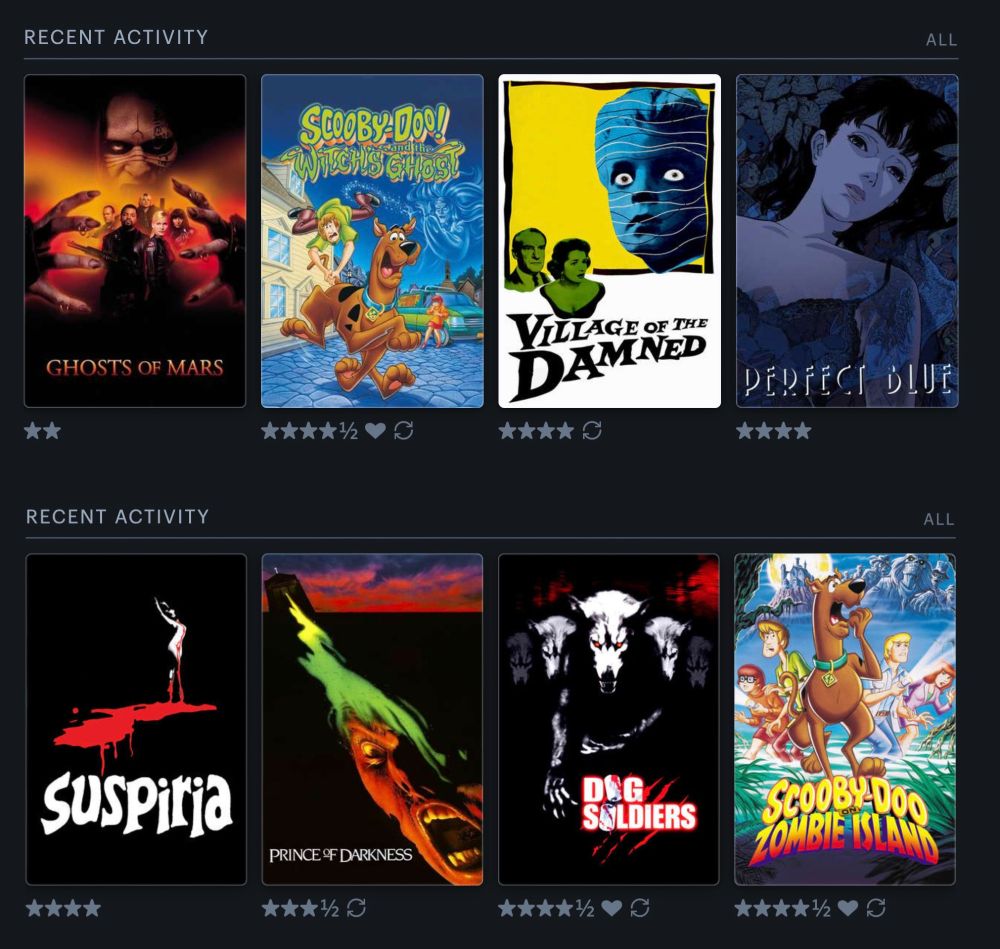Ghosts of Mars (2001), Scooby-Doo and the Witch's Ghost (1999), Village of the Damned (1960), Perfect Blue (1997)

Suspiria (1977), Prince of Darkness (1987), Dog Soldiers (2002), Scooby-Doo on Zombie Island (1998)