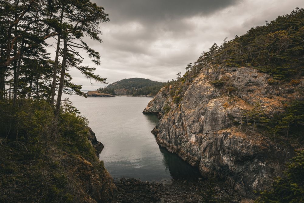 A rugged coastal inlet on Fidalgo Island, Washington, framed by rocky cliffs and dense evergreen trees under an overcast sky. The calm water reflects the moody light, and distant forested hills rise across the bay.