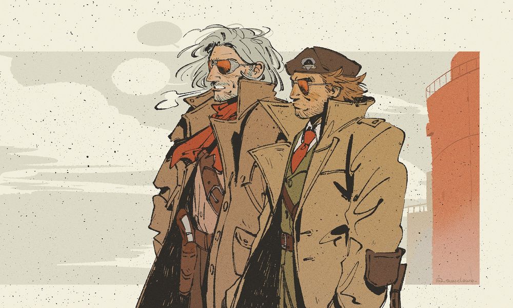 Drawing of kaz and ocelot from mgsv the phantom pain, theyre standing next to eachother in a 3/4 view. Theyre both wearing their coats and glasses, and a part of motherbase with a windy weather can be seen in a cut square background behind them. Ocelot is shown speaking in empty bubble speeches with a serious face while kaz is listens