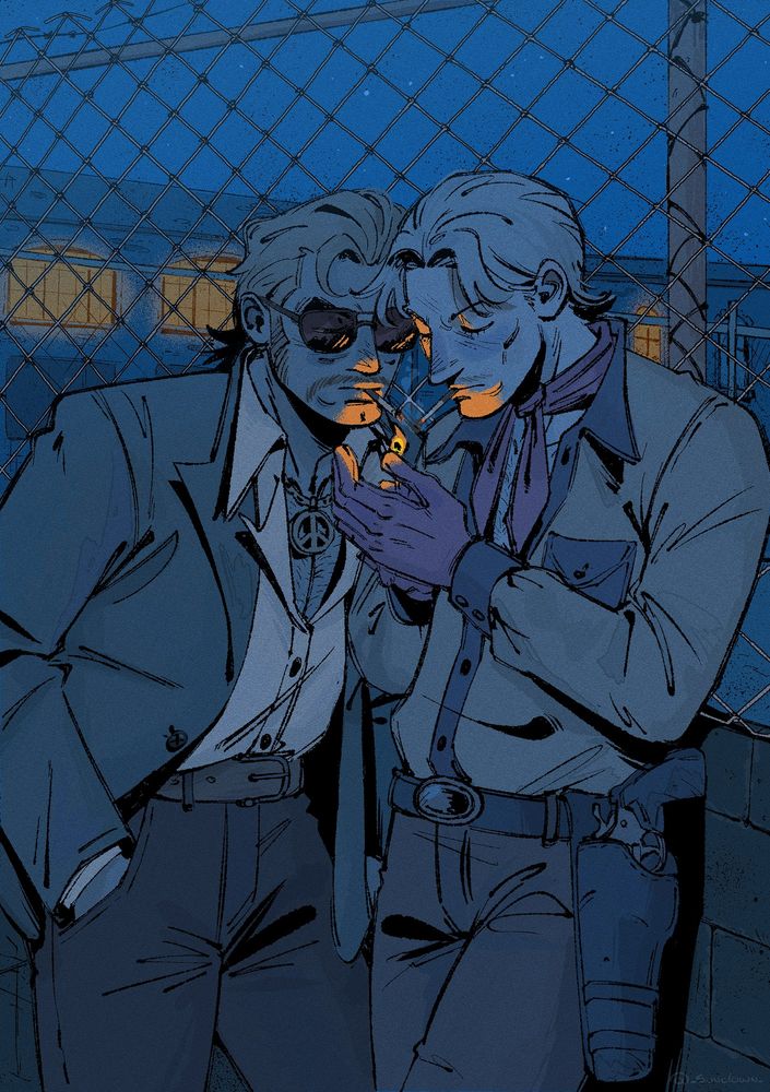 Drawing of Ocelot and Kaz from metal gear solid. The scene is set at night on the mid 70s, the colors of the piecedifferent blue hues with a speck of orange. Ocelot has his hair half slicked back, a few strands falling on his face, his moustache only starting to grow. Hes wearing a red neckerchief that matches with his gloves and a cowboy shirt tucked under his pants, his revolver hostler on his belt. He is leaning against a fence lighting his and Kaz’s cigarette. Kaz is standing next to Ocelot, leaning in to light his cigarette. His hair slicked back and has a horseshoe moustache on his face. Kaz is wearing a suit with an open shirt underneath and a golden necklace with a peace sign, one of his hands tucked on his pants pocket.
