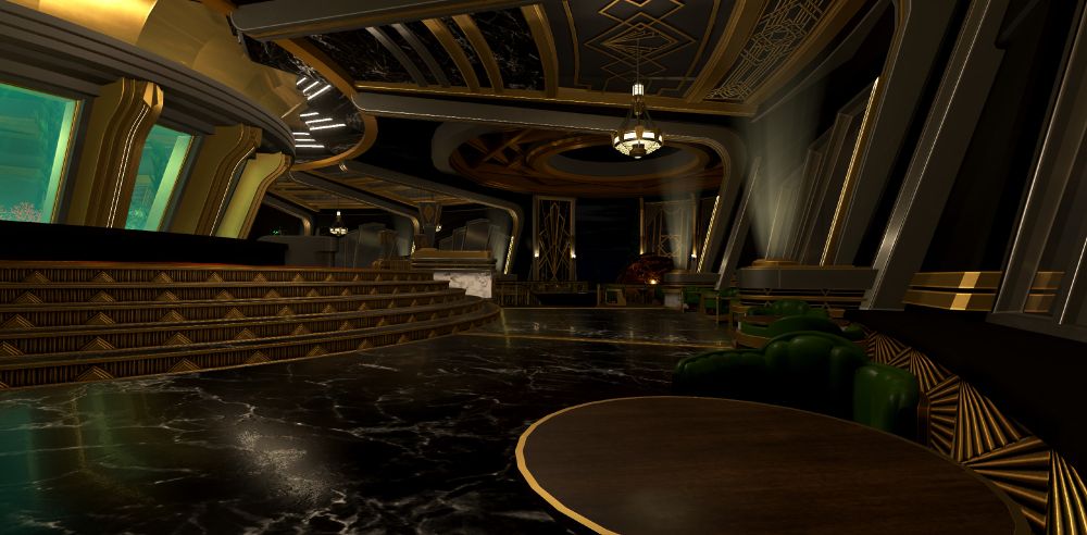 Extremely fancy art deco lounge, set in a 1920s style with a dieselpunk twist. To the left there is a large central fish tank, while directly forward you can see across the lounge to a large globe in the distance. You are sitting in a chair in the corner of the lounge facing inwards.