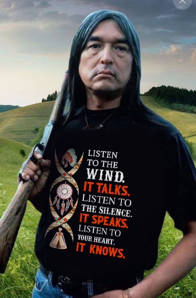 Actor Graham Greene walks on September 1, 2025. In this photo taken from an unknown Facebook page shows the actor in an edited photo from the film Clearcut wearing a t-shirt that reads Listen to the Wind it talks, Listen to the Silence it speaks, Listen to your Heart it knows.