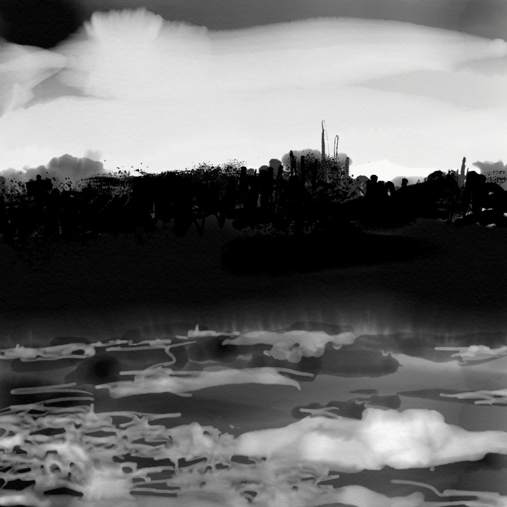 A drawing made using Procreate in black and white painterly tones. It depicts the tidal current of the dark water between Walberswick and Southwold. The foam on the water swirls in heaped tidal pulls and in the distance, beyond the dark fields you can just make out what could be a village.