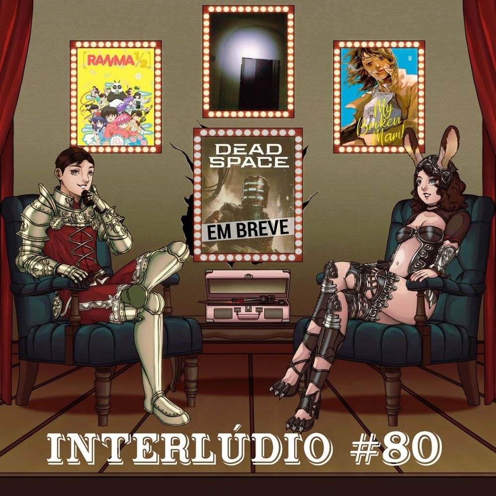 Capa do podcast Buraco atrás do poster: A imagem Cartoon mostra o palco de um teatro onde tem dois personagens sentados em suas respectivas poltronas, e com um toca discos no meio deles. A parece atrás contem três pôsteres coloridos dos assuntos tratados no podcast. São eles: Ranma 1/2, um poster mostrando um prédio abandonado, e outro mostrando a capa de My Broken Mariko, e um último poster do Dead Space de 2023 está com os dizeres "Em breve" escrito em sua frente.
Os personagens estão vestidos de uma roupa medieval, o da esquerda é um homem de armadura, e a da direita é uma mulher com um biquíni de metal e orelhas de coelho