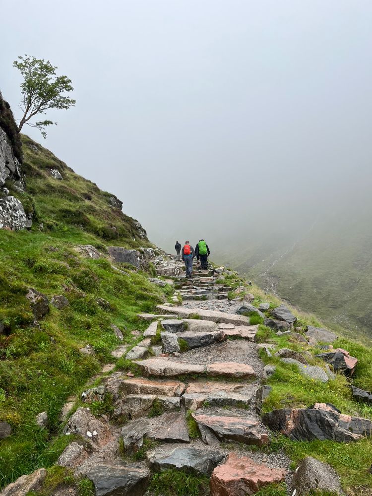 Climbers ahead of me, coming up to Halfway Lochan, walking into the clouds