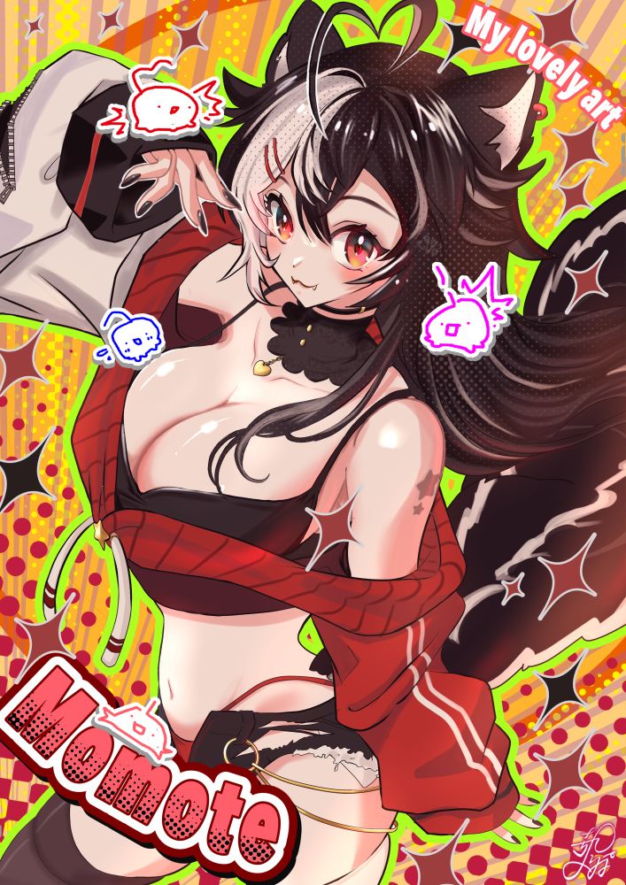 Momotexx posing, twisting slightly with her hand at her chin, with three small represenations of her true self (a blob with an ahoge) around her head. Text reads: "My lovely art/Momote"