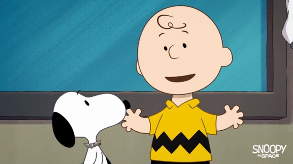 charlie brown and snoopy are standing next to each other on a snoopy in space poster