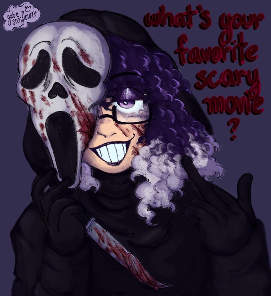 Arte digital 2D. Arte mostra uma garota branca com óculos, cabelo encaracolado roxo com pontas brancas, ela usa maquiagem preta e está vestida de Ghostface da série de filmes "Pânico". Ela segura uma faca sangrenta com uma mão e mostra o dedo do meio com a outra. 