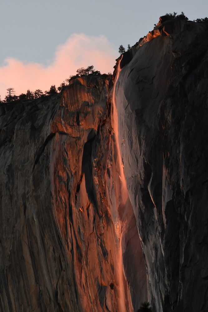 Yosemite firefall 2025 -- pinkish-orange glow illuminating Horsetail Fall.