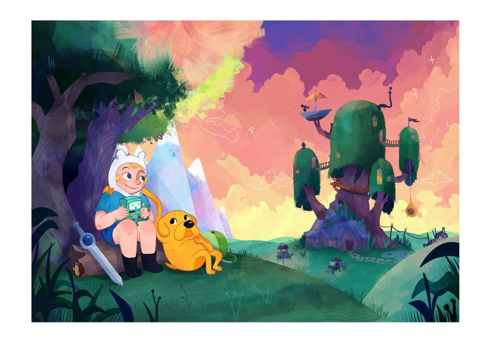 illustration of finn and jake from adventure time sitting on a hill infront of their treehouse, it is sunset and the sky is turning purple