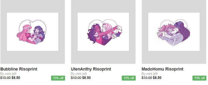 screenshot of my (@jellicores) inprnt shop showing three digital riso print pieces on sale at 8.50$ 