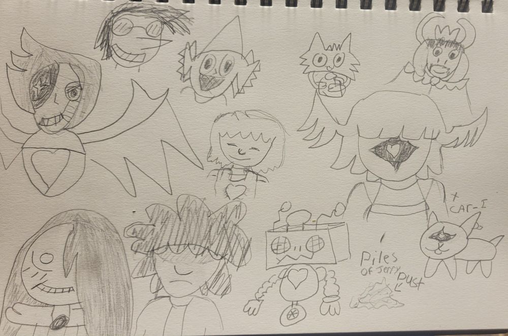 Mettaton NEO, Spamton, Happy Fish Monster, Milk Cat, Asgore, Wren, CHARI & CAR-I, Bethany Lancaster, Shava, AXIS-13, a pile of Jerry Undertale's dust.