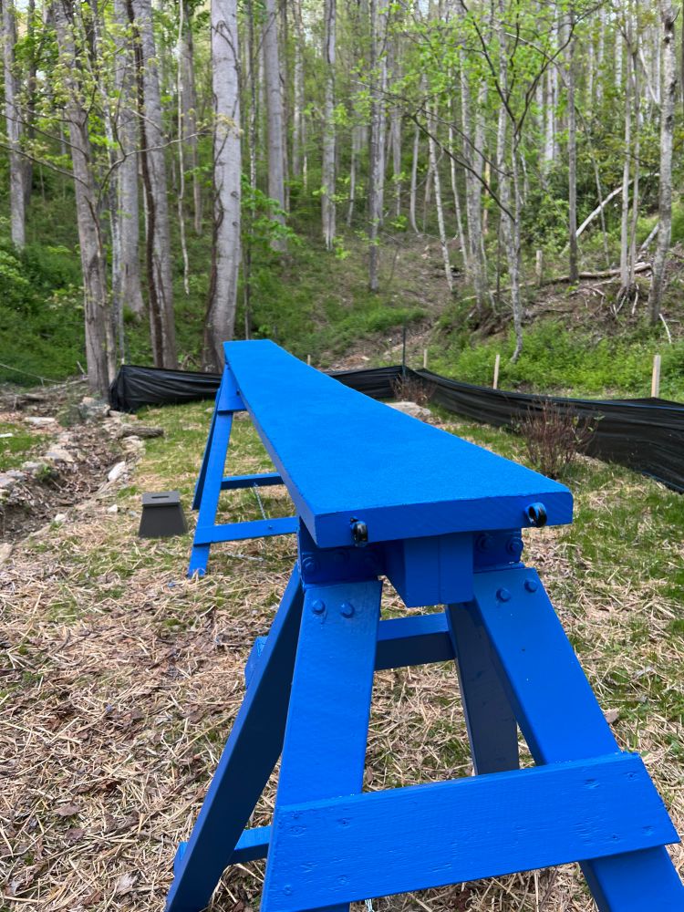 Assembled dog agility dog walk obstacle, painted blue, with sanded surface. 