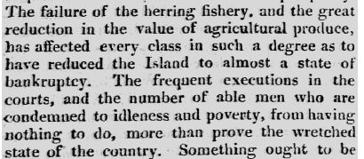 Screenshot of newspaper article from 14/02/1828 in the Manks advertiser. "The failure of the herring fishery, and the great reduction in the value of agricultural produce, has affected every class in such a degree as to have reduced the island to almost a state of bankruptcy."