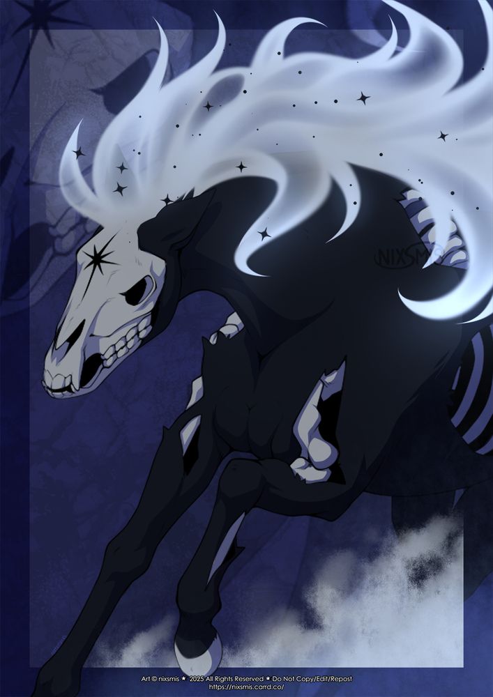 digital drawing of a ghostly stallion. his body is black with areas of bone showing through, including most of his skull, and his mane is a white mist. he's in an angry running/stomping pose, tilted to the right a bit with momentum.