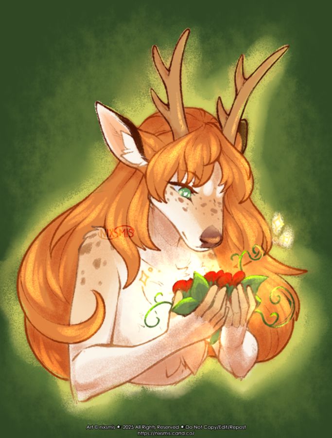 digital experimental bust showing an anthro deer character with long flowing red-orange hair, looking down at her cupped hands where leaves and flowers and growing and glowing. it's done in a loose, sketchy painty style and looks whimsical 