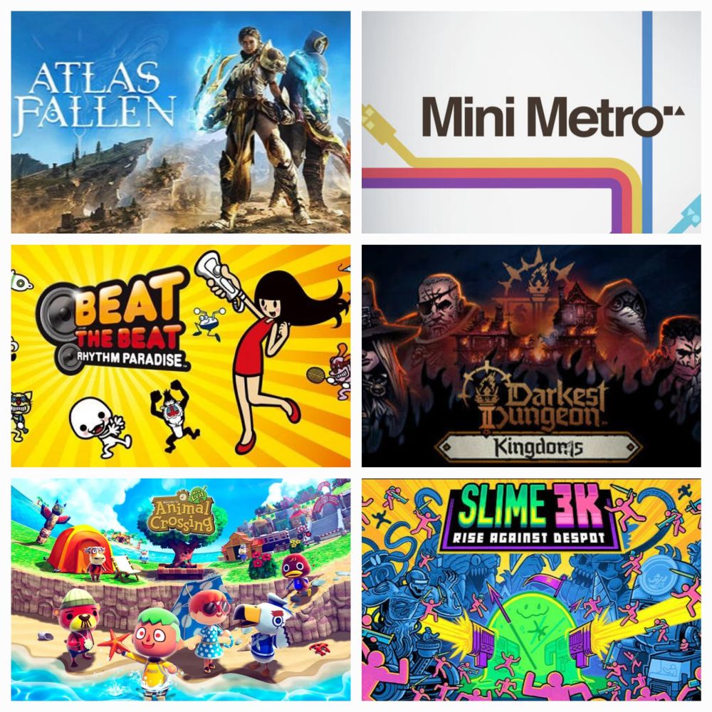 6 images depicting video game titles: Atlas Fallen, Mini Metro, Beat the Beat: Rhythm Paradise, Darkest Dungeon II, Animal Crossing: New Leaf, Slime 3K.