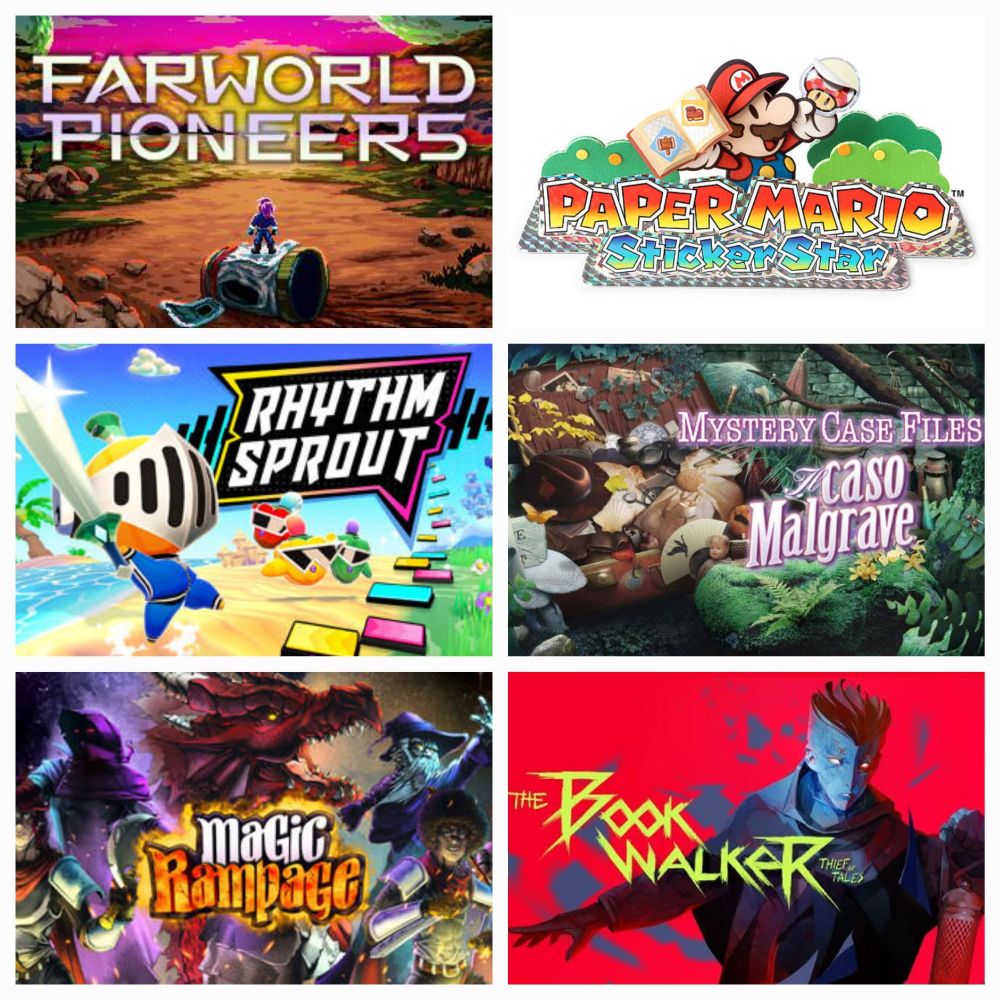 6 images depicting video game titles: Farworld Pioneers, Paper Mario: Sticker Star, Rhythm Sprout, Mystery Case Files: Il caso Malgrave, Magic Rampage, the Bookwalker: Thief of Tales.