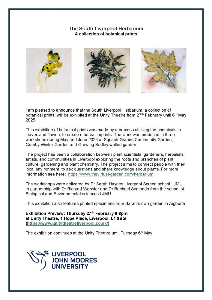 Poster with details of South Liverpool Herbarium exhibition on 27 February at Unity Theatre, Liverpool 6-8pm. 