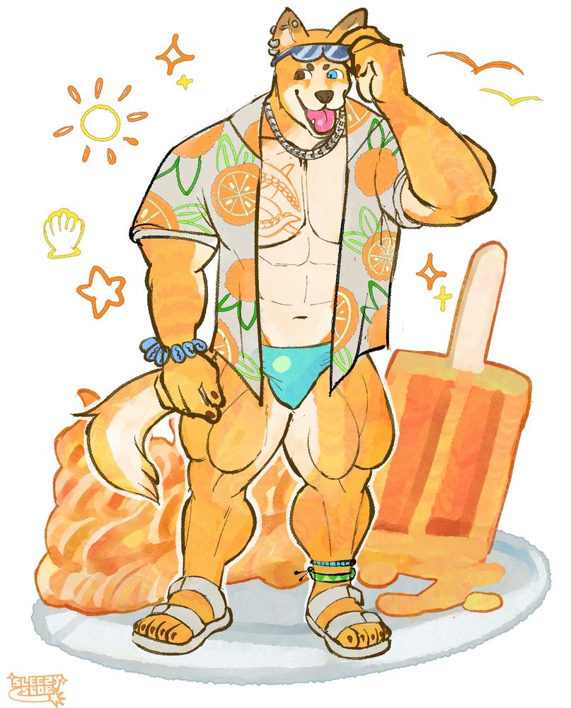 A summer-suited dingo with a rockin' hot bod and an orange cream themed outfit. Slightly tatted, he lifts his sunglasses to catch a glimpse of a sweet hottie...You! 