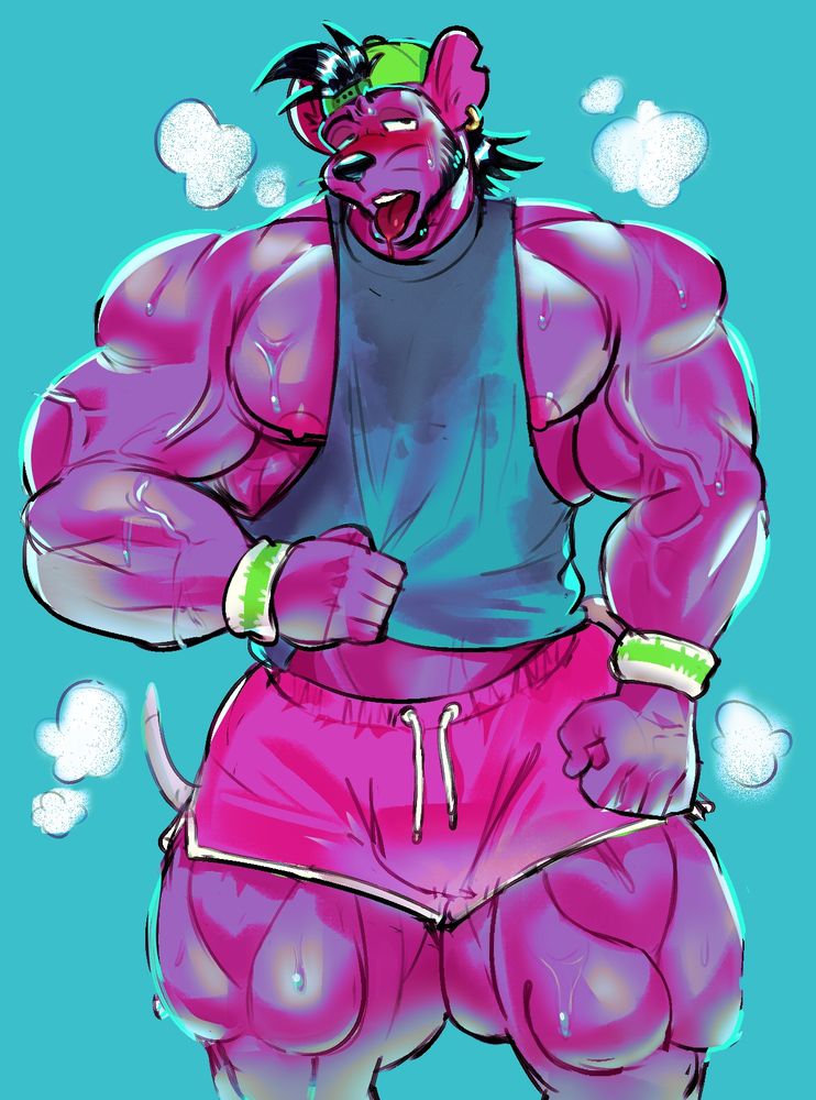 Huge jacked mouse dude with sweaty gym attire, backwards snapback and wristbands more max sweat absoption.  He's so cool.