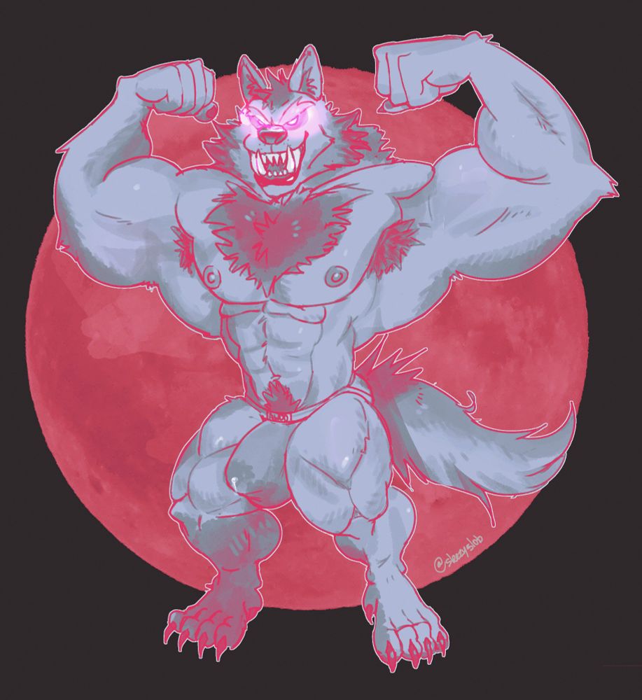 Flexing werewolf wit a lealy bulge
