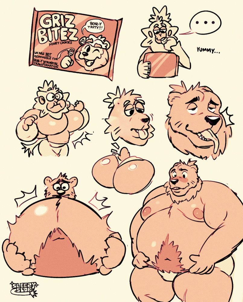Oblivious monkey eats some Griz-Bites turning into a hefty ursid.