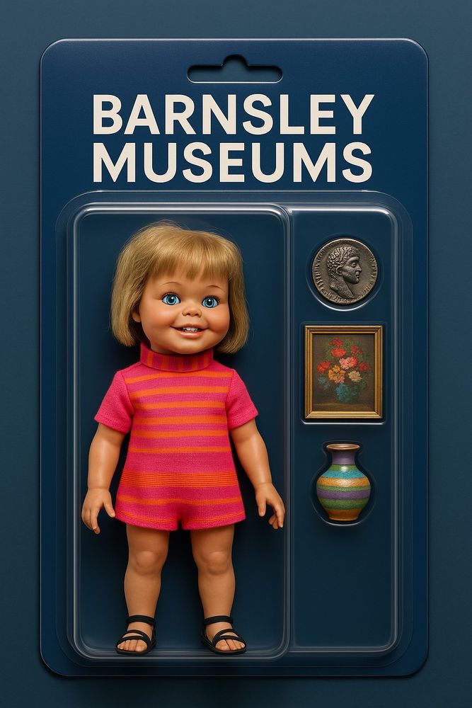 A packaged doll with blonde hair, wearing a pink and orange striped outfit, is displayed along with a coin, a small flower painting, and a vase. The package is labelled "Barnsley Museums" on a dark blue background.