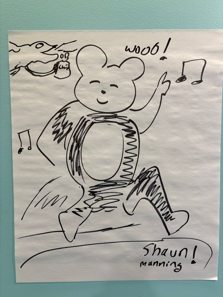 A bad drawing of a panda dancing while jumping into a swimming pool while a dragon eats potato chips overhead