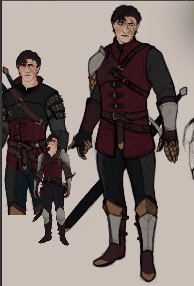 my dnd (d&d?) cleric, draven. a talk, severe looking man with dark red-brown hair swept back, freckles, and gold eyes. he has a latge vurn scar over the left side of his face, from neck to forehead. three images of him standing facing the viewer, with different armor sets sketched over him. the details differ, but the colors remain consistently burgundy, black, brown, gold, and silver.