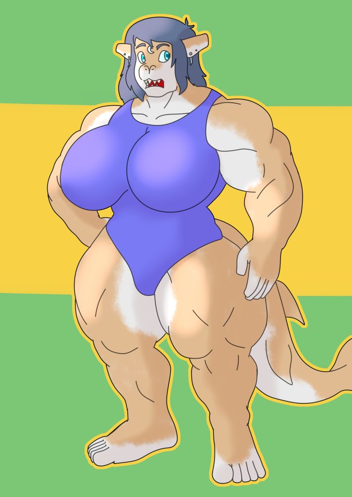 Chelsey, a OC Shark, in a one piece bikini, muscular to the max