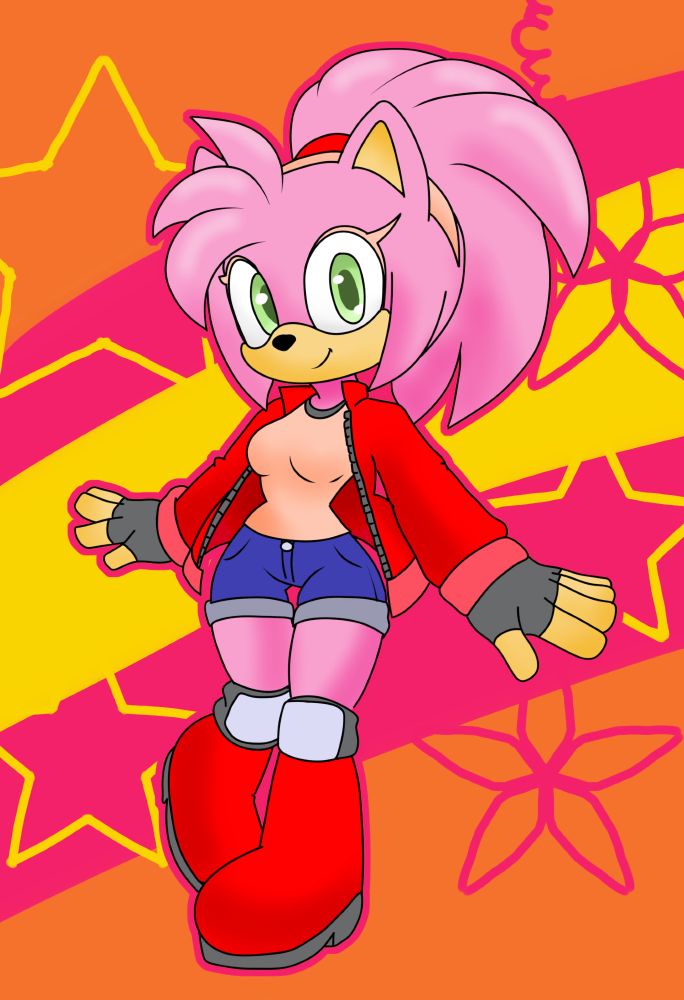Amy the hedgehog from Sonic Series with a horsetail, jacket, shirt and short jeans short, and her boots, against a colorfull background