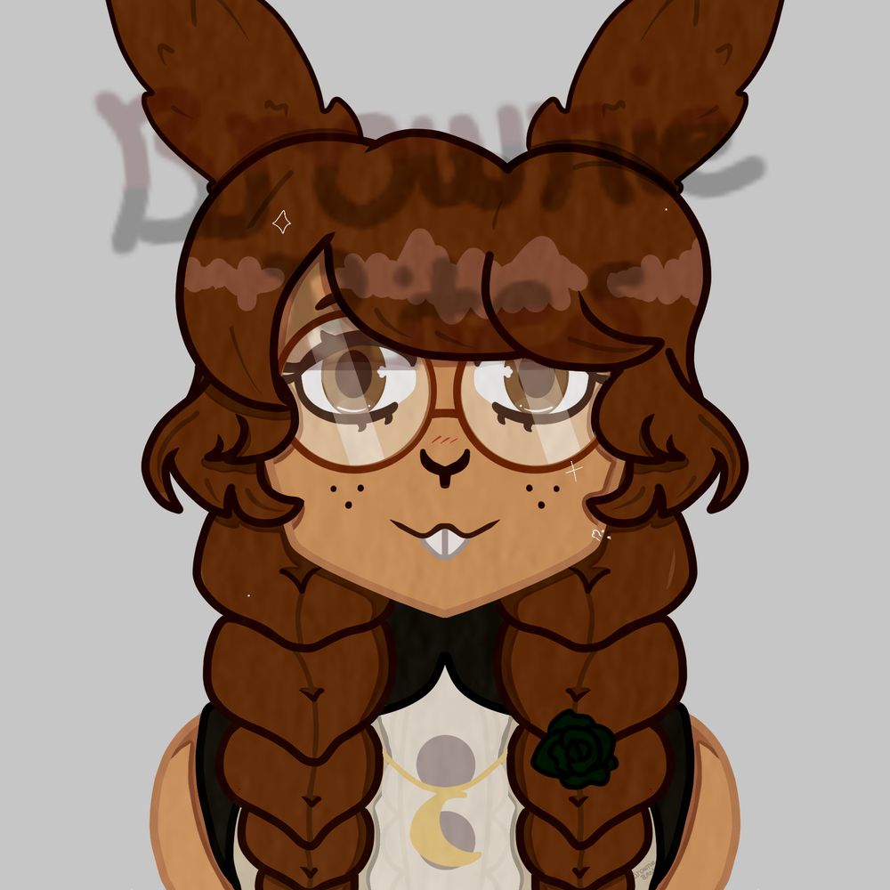 Amelia W. Maeve, a girl with brown-rimmed glasses and long braided hair, looks towards the camera with a smile on her freckled face. She has animalistic features such as a rabbit nose and ears. She’s also wearing a crescent moon necklace and a green flower in her left braid.