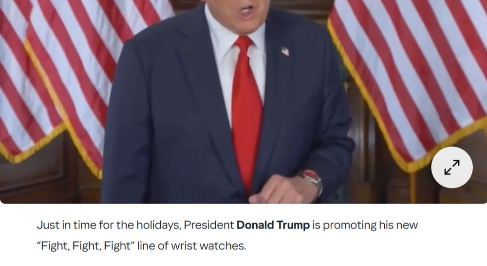 partial screencap of the fat, stupid rapist-felon (partial 'cause i can't stand to look at the creature) captioned: Just in time for the holidays, ("the creature," because i can't stand to type its name either, especially next to the word "president") is promoting his new "Fight, Fight, Fight" line of wrist watches