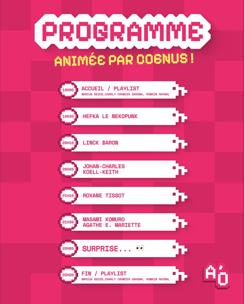Programme de la soirée Aper'OST, animée par co6nus !
19h00 - Accueil / playlist (Marius Bezos, Charly Cramier Sahona, Romain Raynal)
19h35 - Hefka le Nekopunk
20h10 - Linck Baron
20h45 - Johan-Charles Koell-Keith
21h10 - Roxane Tissot
21h30 - Masami Komuro et Agathe E. Mariette
22h05 - Suprise... 
22h20 - Fin / playlist (Marius Bezos, Charly Cramier Sahona, Romain Raynal)