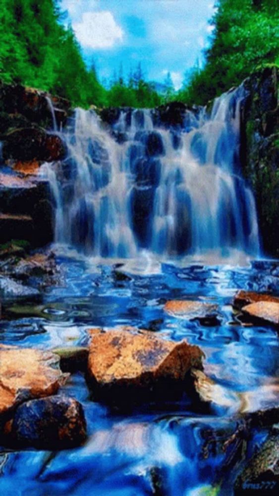 a waterfall is surrounded by trees and rocks in a painting