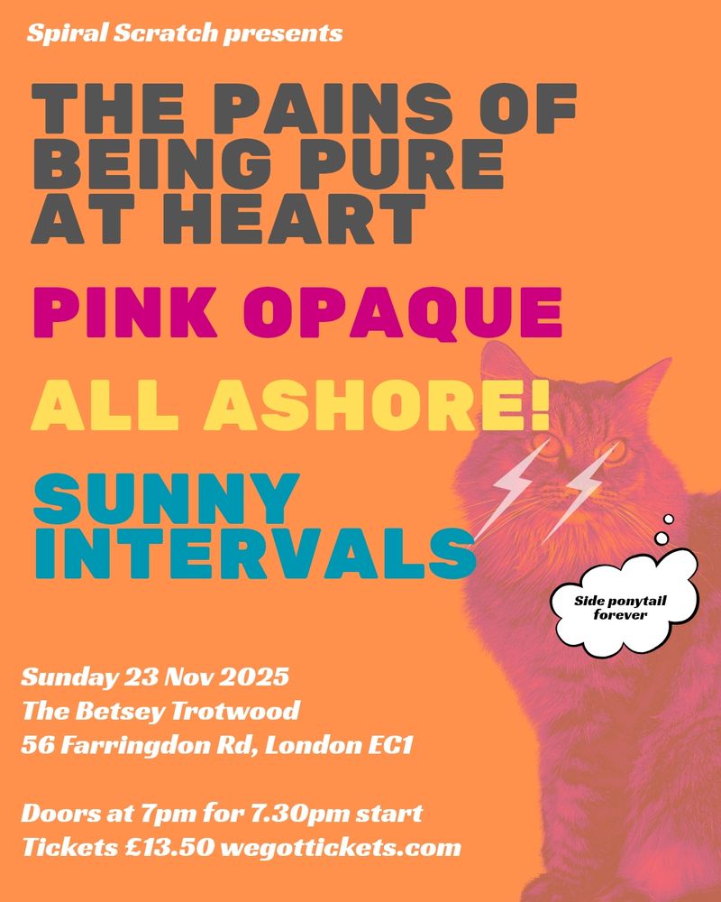Poster announcing the gig of THE PAINS OF BEING PURE AT HEART, PINK OPAQUE, ALL ASHORE! and SUNNY INTERVALS on Sunday 23 November at the Betsey Trotwood. The graphics show a pink cat with lightning bolts coming out of its eyes and a thought bubble saying "side ponytail forever"