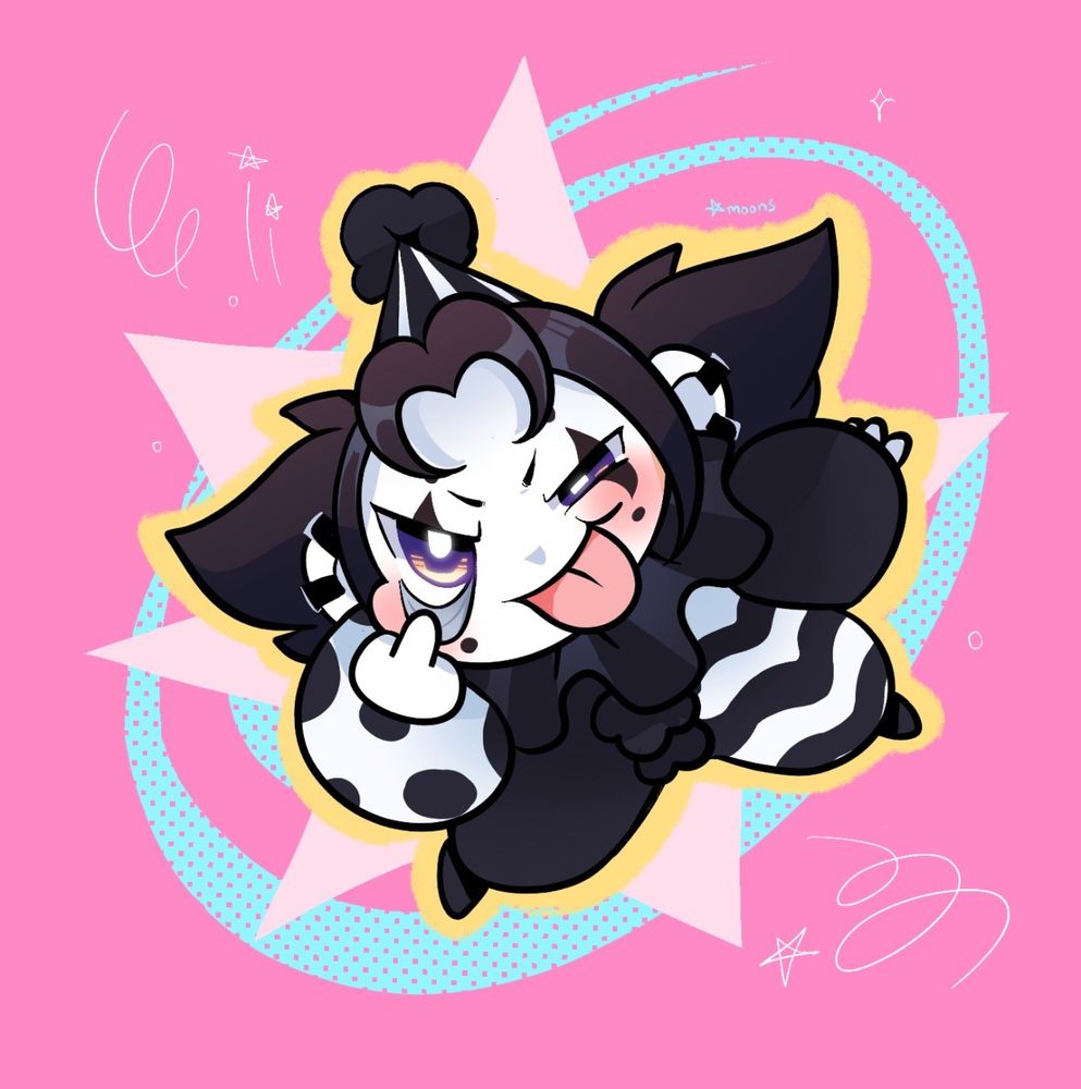 🔸 Digital illustration of my oc clown Rochelle in her gremlin form, sticking her tongue out with one finger pulling down her lower eyelid.